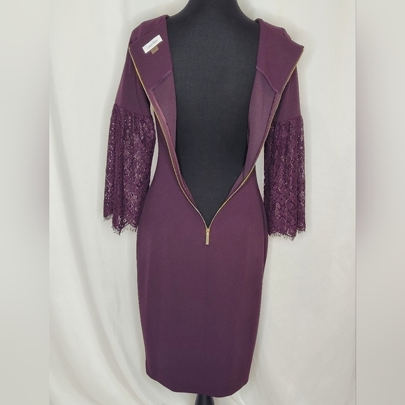 Calvin Klein Eggplant Boat Neck Lace Bell Sleeves Sheath Dress - Size 2 - Picture 8 of 10